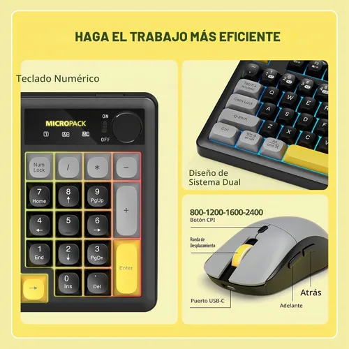 Vista 6 de Combo de teclado y mouse inalámbricos cremoso con teclado numérico para computadora de escritorio, Mac, iPad, Bluetooth/2.4 ghz/recargable