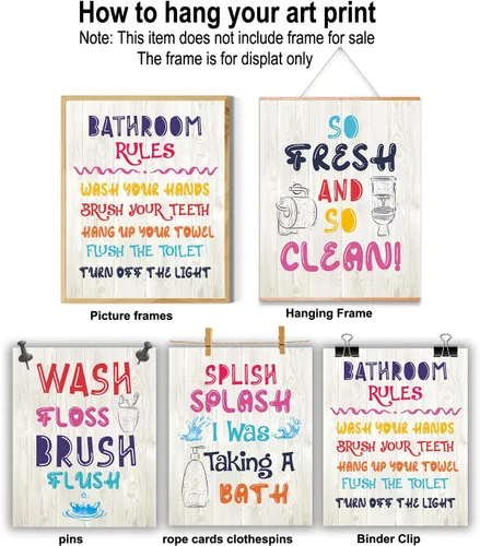 Vista 8 de Juego de póster de baño Rainbow Kids – Arte de reglas divertidas, 8 x 10 pulgadas, decoración para niñas y niños pequeños