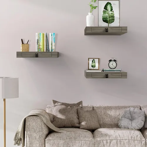 Vista 7 de Juego de 2 estantes flotantes con cajón, mesita de noche para dormitorio, baño o cocina, estante de pared de 16 pies con almacenamiento, color gris
