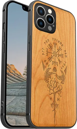 Vista 15 de Carveit Funda magnética de madera para iPhone 12 [madera real dura y TPU suave] a prueba de golpes, funda protectora híbrida única y elegante