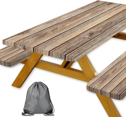 Vista 60 de Funda para Mesa de Picnic con Fundas para Bancos y Bolsa, Campista de Madera Impermeable Resistente al Viento, Cubierta de Mantel Ajustada con Borde
