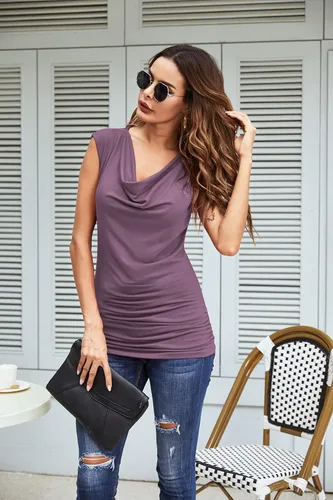 Vista 2 de Zeagoo - Camiseta sin mangas elástica de cuello holgado y fruncido, con drapeado lateral, para mujer