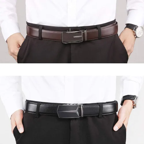 Vista 4 de Founders & C Cinturón para hombre, 2 unidades, vestido de cuero con trinquete con hebilla deslizante de 1 38 pulgadas en caja de regalo
