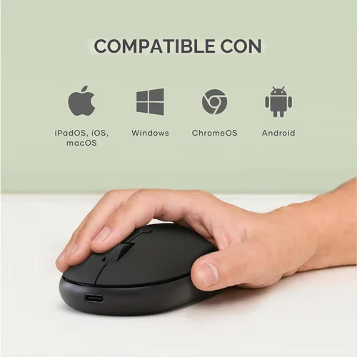 Vista 8 de Satechi OntheGo Mouse Bluetooth con batería recargable USB C, conecta hasta 3 dispositivos, mouse inalámbrico compacto y portátil para laptop, Negro