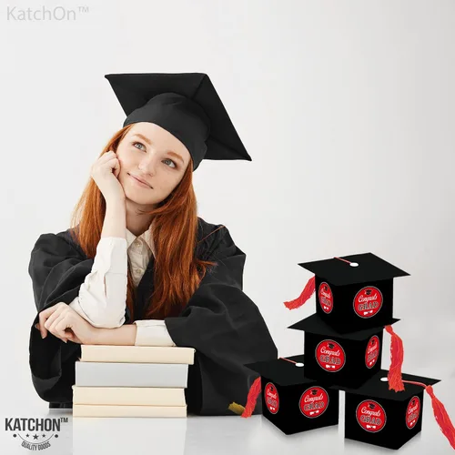 Vista 4 de KatchOn, Cajas de dulces de graduación – enormes, paquete de 25 Caja de regalo de gorra de graduación para decoraciones de graduación rojas