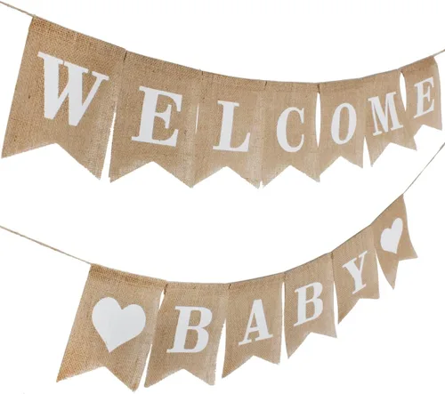 Vista 3 de Letreros de bienvenida de arpillera para baby shower, banderas de revelación de género, decoración de fiesta para baby shower, pancarta rústica