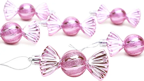 Vista 3 de Christmas Concepts Paquete de 6 bolas con forma de dulce de 3.543 in, decoradas con brillantina, adornos para árbol de Navidad (rosa bebé)
