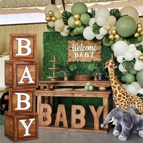 Vista 9 de Cajas de baby shower para decoración de fiesta, 4 bloques de madera de grano marrón con letras de bebé, letras impresas, decoración de centro