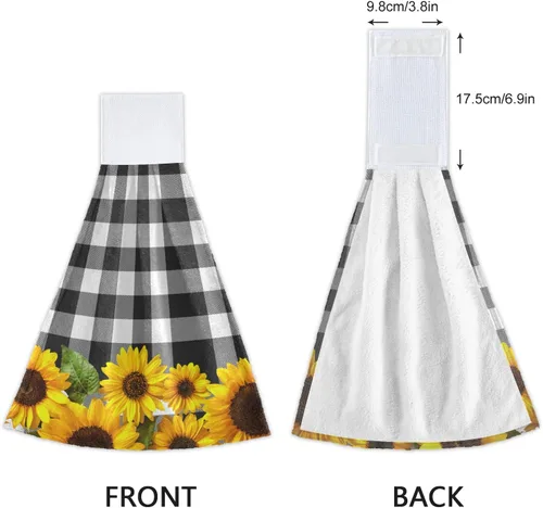 Vista 3 de ALAZA Juego de 2 toallas de cocina colgantes con diseño de girasol amarillo y negro, blanco y negro, juego de toallas de mano, paños absorbentes