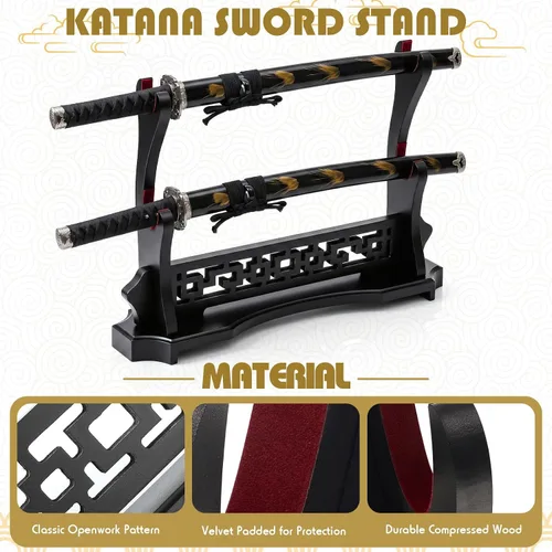 Vista 6 de Barydat Soporte de espada Katana de 2 niveles con diseño recortado, base pesada de madera Samurai soporte con almohadillas de terciopelo, soporte