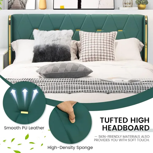 Vista 4 de KOTEK Base de cama tapizada de tamaño matrimonial con 4 cajones, base de cama de plataforma con cabecera copetuda con botones y soporte de listones