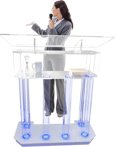 Vista 11 de Púlpito acrílico personalizable con logotipo y texto con ruedas, iluminación LED y plataforma de lectura vertical, atril de iglesia transparente