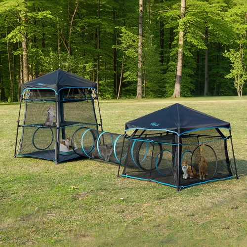 Vista 2 de Catio extragrande para gatos al aire libre, tienda de campaña plegable de 2 niveles con 3 puertas para patio, balcón, interior y campamento