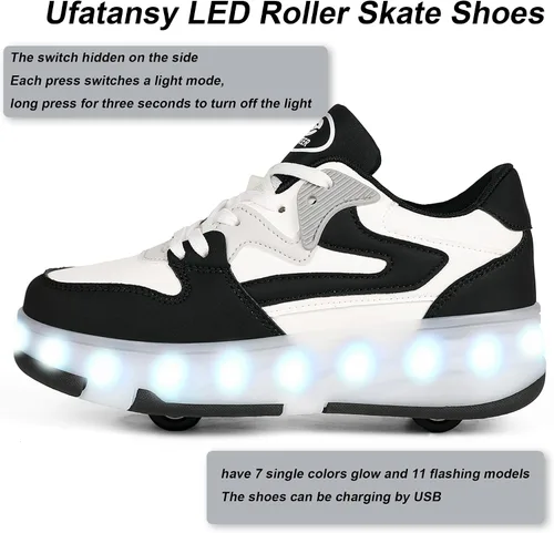 Vista 5 de Ufatansy - Zapatos con ruedas para patinar para niños y niñas, con 4 ruedas desmontables, 16 modos de luces LED de colores, zapatillas deportivas