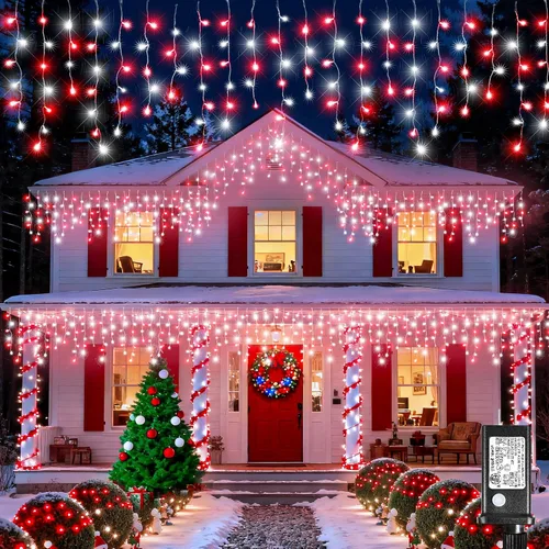 Vista 15 de Luces de carámbano para exteriores, 16.5 pies, 200 luces LED de Navidad para exteriores con 8 modos, impermeables, conectables, tira de luces