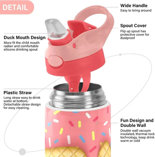 Vista 4 de Moudou Botella de agua con cono de helado para niños, doble pared aislada al vacío de acero inoxidable, vaso de viaje, 12 onzas