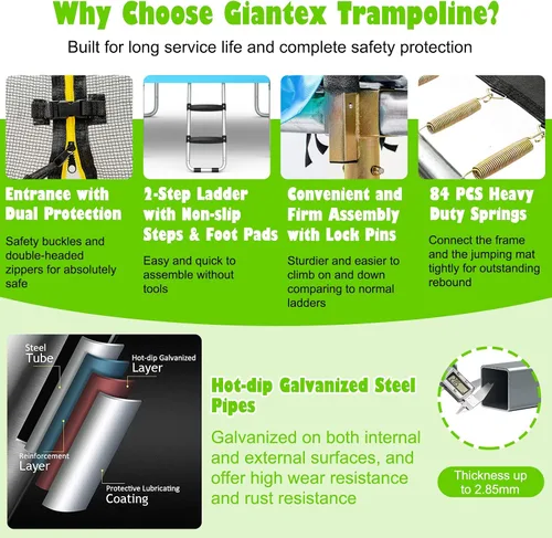 Vista 2 de Giantex Trampolín rectangular de 8 pies x 14 pies con certificación ASTM con recinto, escalera, marco de acero galvanizado de doble cara, carga