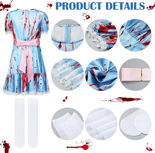 Vista 3 de 8 piezas de disfraces de Halloween para mujer, gemelos manchados de sangre, con cinta rosa y calcetín alto hasta la rodilla, cintas de fiesta