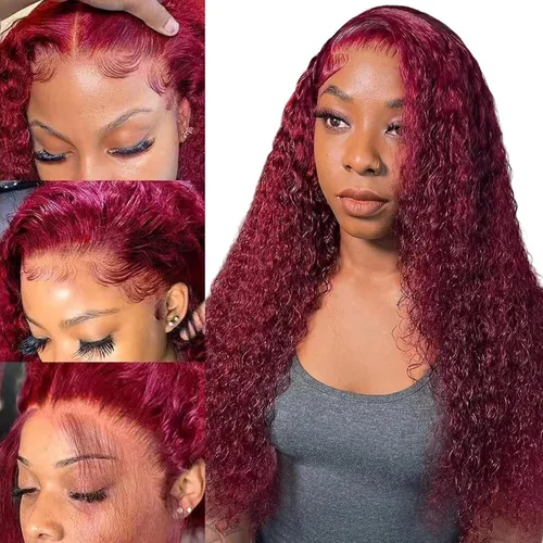 Vista 8 de Pelucas de cabello humano con encaje frontal de 13 x 6 pulgadas, color borgoña 99j