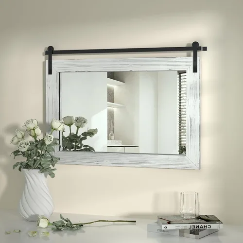 Vista 73 de COGOOD Espejo de puerta de granero de granja, 25 x 18 pulgadas, espejo decrativo con marco de madera rústica para baño, sala de estar, decoración