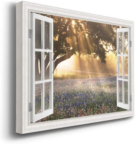 Vista 2 de Renditions Gallery Komorebi - Arte de pared con ventana, luz del sol que brilla a través de las hojas de los árboles, hermosa naturaleza, decoración
