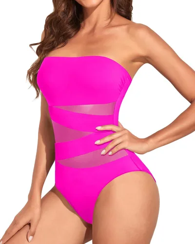 Vista 3 de Holipick Traje de baño de una pieza sin tirantes para mujer, sexy, con corte de malla, con control de abdomen
