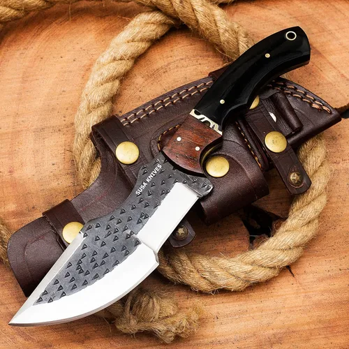 Vista 8 de Cuchillo de acero D2 hecho a mano - Cuchillo de supervivencia - Cuchillo de camping táctico para caza con funda, hoja fija, transporte horizontal
