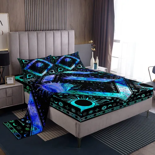 Vista 45 de Erosebridal Juego de sábanas tamaño individual con estampado de luna, diseño de flores de loto, color morado degradado, juego de sábanas orientales