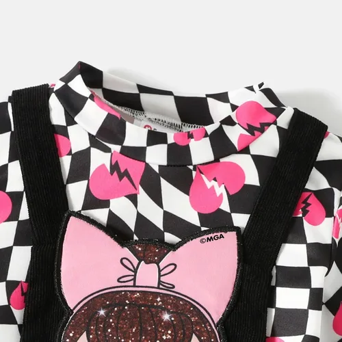Vista 3 de L.O.L. Surprise! Conjunto de 2 piezas de camiseta de manga larga con cuello alto a cuadros para niña pequeña, falda con tirantes color negro