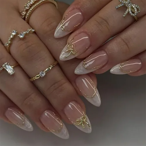 Vista 24 de Uñas postizas de almendra medianas MABKJLF con punta francesa, uñas falsas 3D con diseños de pedrería de flores de fresa, uñas pegajosas brillantes 1