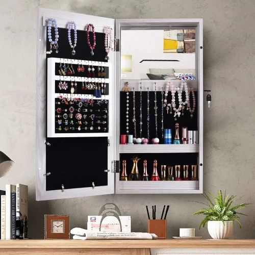 Vista 4 de Gt2-ly diseño simple PVC revestimiento de grano de madera foto almacenamiento joyería espejo gabinete, adecuado para dormitorio y sala de estar