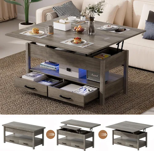 Vista 8 de SYESWAY Mesa de Centro Elevable de 39.4" con Estación de Carga, Mesa de Centro Multifuncional 4 en 1 con Almacenamiento y Compartimentos Ocultos