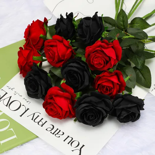 Vista 3 de Rosas artificiales negras – 10 piezas de rosas artificiales falsas de seda con tallos para decoración del hogar, boda, hotel, oficina, centro de mesa