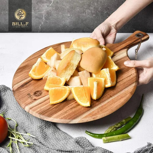 Vista 6 de BILL.F Pala para Pizza de Madera de Acacia, Tabla de Cortar de 10", Tabla de Paddle para Queso, Bandeja de Pan y Galletas para Servir y Preparación