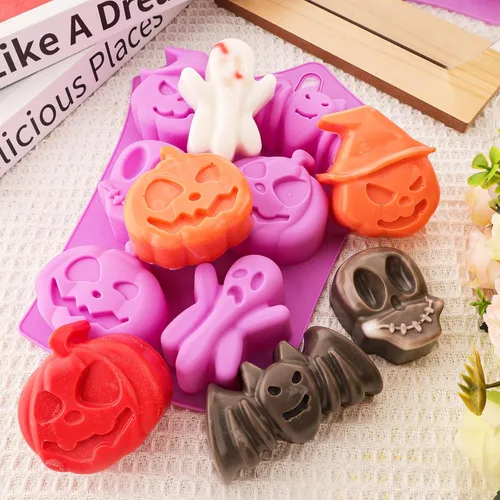 Vista 3 de Moldes de silicona para chocolate, 5 unidades, calabaza, murciélago, cráneo, fantasma, araña, moldes para hornear, cavidad grande, mediana y pequeña