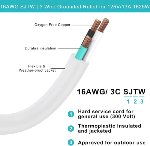 Vista 2 de SJTW - Cable de extensión de alimentación de 10 pies para exteriores, resistente a la intemperie, cable de extensión de 3 puntas, enchufe plano