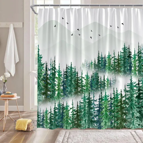 Vista 4 de Cortina de ducha de bosque brumoso, pino, acuarela, abstracta, selva, montaña, planta azul, rústico, misterioso, paisaje, decoración de baño