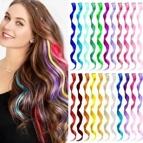 Vista 15 de 16 extensiones de cabello sintético rizado y ondulado con clip, para niñas y mujeres, coloridos resaltados para fiestas, cosplay, festival, regalo