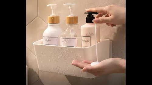 Vista 6 de Estante de baño, estante adhesivo para ducha, organizador de baño, sin taladro, cesta de ducha de plástico, estante de almacenamiento blanco
