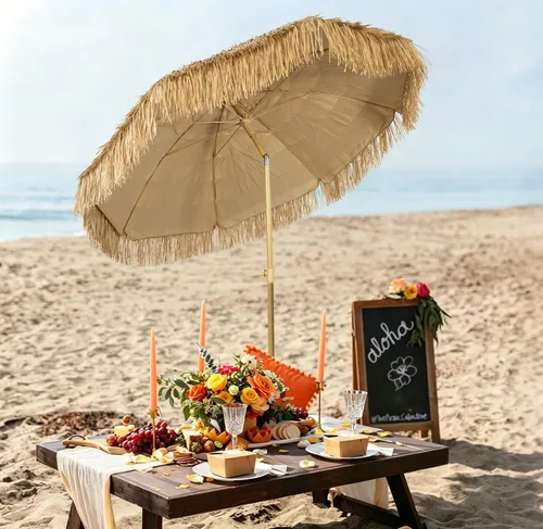 Vista 5 de Hula - Sombrilla Tiki de paja tropical, palapa, rafia, tiki hut, sombrilla hawaiana para patio con flecos, sombrilla bohemia de 6 pies 8 pies y 9
