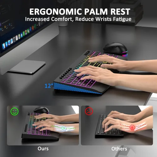 Vista 2 de Combo de teclado y mouse inalámbricos, 9 efectos retroiluminados, teclado retroiluminado recargable de 4000 mAh con reposamuñecas, mouse de 6