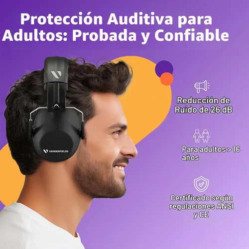 Vista 2 de Vanderfields Auriculares de Protección Auditiva - 26dB - Protección Auditiva para Tiro de Rango - Orejeras con Cancelación de Ruido para Adultos 2