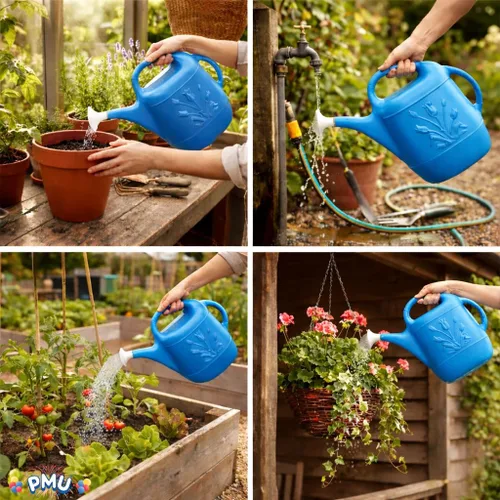 Vista 7 de PMU Regadera de 2 galones, regadera de jardín para plantas de interior y exterior, lata de agua de plástico con cabezal de rociador desmontable Azul