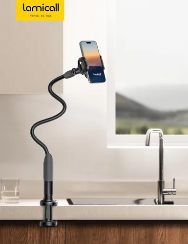 Vista 7 de Lamicall Soporte para teléfono con cuello de cisne para cama, clip de abrazadera de montaje para teléfono celular, brazo largo flexible, montaje