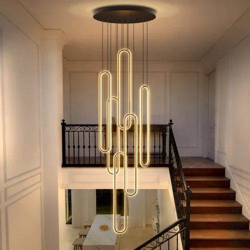 Vista 14 de Flashing God Candelabro moderno, candelabros cromados con 6 anillos LED, lámpara de techo alto más grande para sala de estar, lámpara rectangular