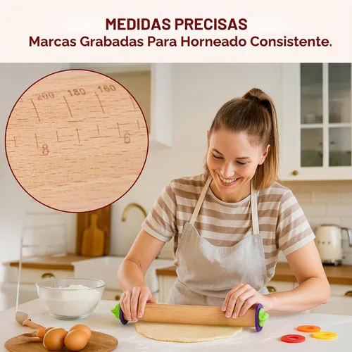 Vista 6 de Kitchtic Rodillo con anillos de grosor – Rodillo de madera ajustable – Herramienta esencial para hornear y rodillo – Grosor consistente – Fácil
