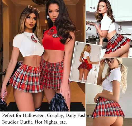 Vista 2 de Avidlove Conjunto de lencería sexy para mujer, disfraz de 2 piezas con corbata superior y minifalda plisada