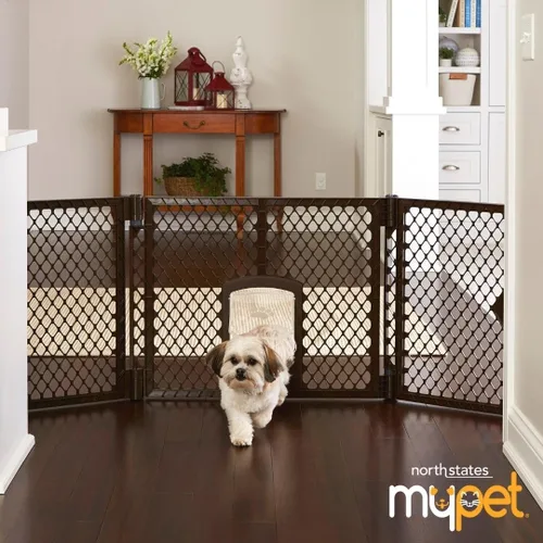 Vista 8 de MyPet Puerta extra ancha para perros con puerta pequeña para mascotas. 38.5 a 103.5 pulgadas de ancho. Puerta para gatos para puerta. Fabricado