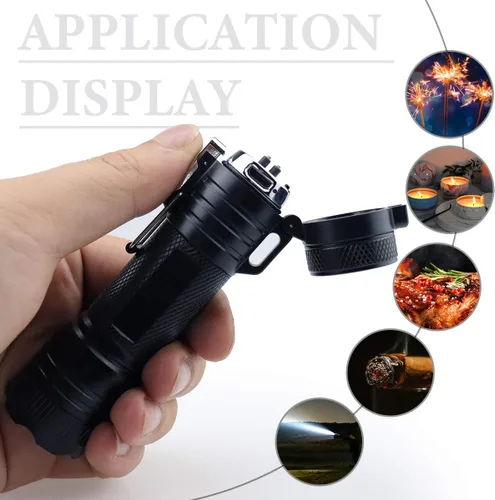 Vista 6 de Encendedor de doble arco impermeable al aire libre con linterna LED brillante USB recargable de plasma de arco encendedor a prueba de viento sin