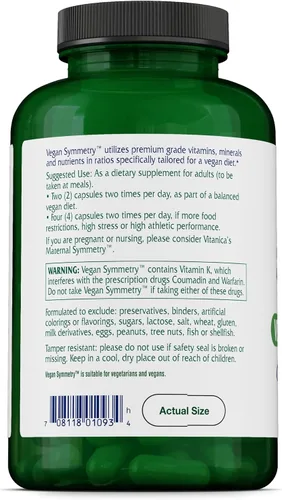 Vista 3 de Vitanica Vegan Symmetry - Apoya una dieta vegana con magnesio, proteína de guisante, vitamina D y más - Sin OMG y sin gluten - 120 cápsulas